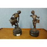 After Auguste Moreau, pair of bronze figures of cherubs, on black marble socles, 27cms h