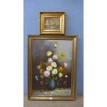 Two oil paintings, still life's, framed