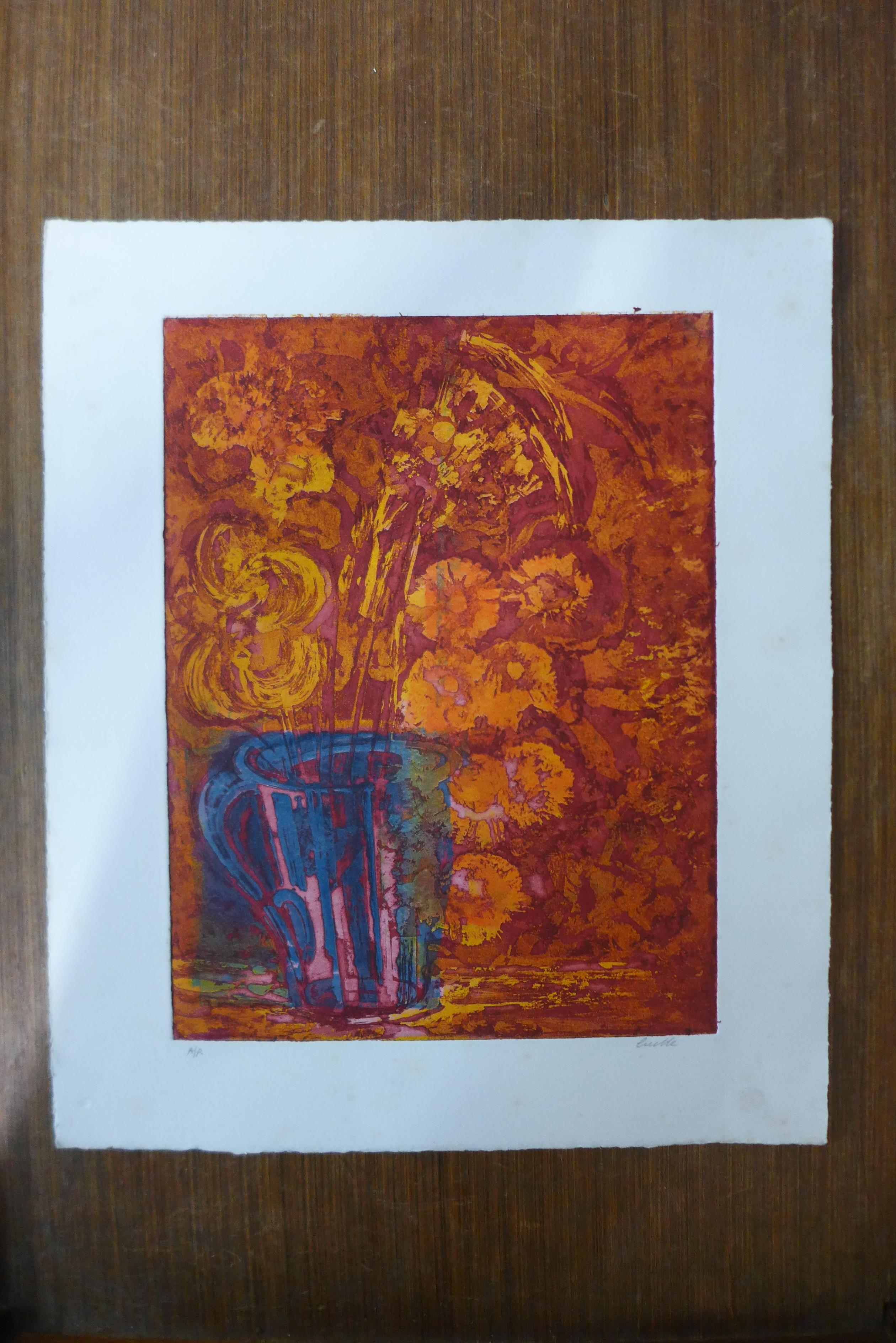 A signed Pamela Guille artists proof print, still life of flowers in a vase, unframed