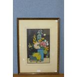 John Hall Thorpe (1874-1947), still life of fruit and flowers, signed woodcut, 41 x 27cms, framed