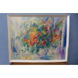 P. Humphreys, abstract still life of flowers in a vase, oil on board, 53 x 69cms, framed