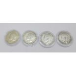 Four George V silver florins, 1914, 1915, 1916 and 1917