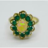 A 9ct gold, opal and emerald cluster ring, 3.6g, P