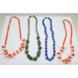 Four vintage necklaces including Murano