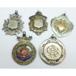 Five silver fob medals including one Victorian and one enamelled Leicestershire F.A., 37g