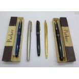 Five Parker pens including two Slimfold with 14ct gold nibs and boxes, and a gold plated ballpoint