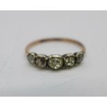 A Georgian five stone diamond ring, 1.1g, M, (gold shank, silver settings)