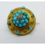 A Victorian yellow metal, turquoise and old cut diamond set brooch, 3.8g, 19mm