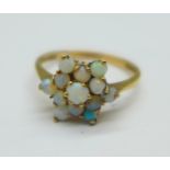 A 9ct gold and opal cluster ring, 1.6g, L