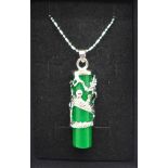 A rhodium plated silver and jadeite pendant and chain