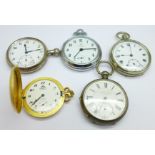 Five pocket watches, one hallmarked silver, one marked fine silver, a/f