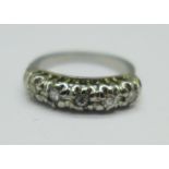 A white metal set five stone diamond ring, 4.8g, N