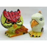 Lorna Bailey Pottery, ?Hootie the Owl?, 13cms and ?Eddie the Eagle?, 10cm, both signed on the