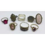 Eight silver rings including one Blue John and one set with pink quartz and marcasite