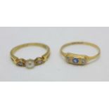 Two early 20th Century 18ct gold rings, one set with diamond and pearl and with inscription, '20.9.