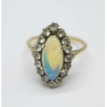 A yellow and white metal set, white stone and opal ring, 2.7g, M, opal chipped