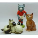 Three Beswick cat figures, The Footballing Felines Collection Kitkat, Siamese cats and Kittens
