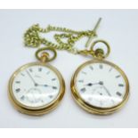 Two gold plated top wind pocket watches including Waltham, and an Albert chain