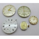 Four wristwatch movements; Omega, Longines, two Baume, a Longines and a Baume-Longines fob watch