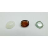 Three unmounted gemstones, green sapphire, 2.76ct, opal, 2.77ct, and garnet, 4.20ct, certified