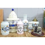 Pharmaceutical jars including four Delft and a Victorian pharmacy shop scene, silver plated with