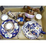 A Royal Crown Derby Imari vase, cups, saucers, an Imari teapot, copper lustre jugs, some a/f