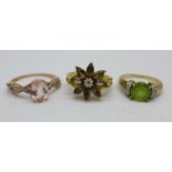 Three 9ct gold rings, two set with diamonds, 10.1g, 2x N and S