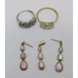 A 9ct white gold ring, P, a 9ct gold pendant and matching earrings and a gold plated three stone