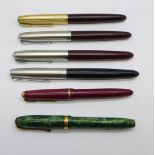 Six fountain pens; Conway Stewart 84 and five Parker