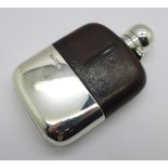 A silver, glass and leather mounted hip flask, Sheffield 1908, height 12.5cm