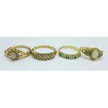 Four 9ct gold rings, two set with opals, total weight 9.1g, M, 2x P and S