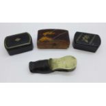 Two snuff boxes, a tortoiseshell box, a/f, and a novelty shoe vesta case, a/f