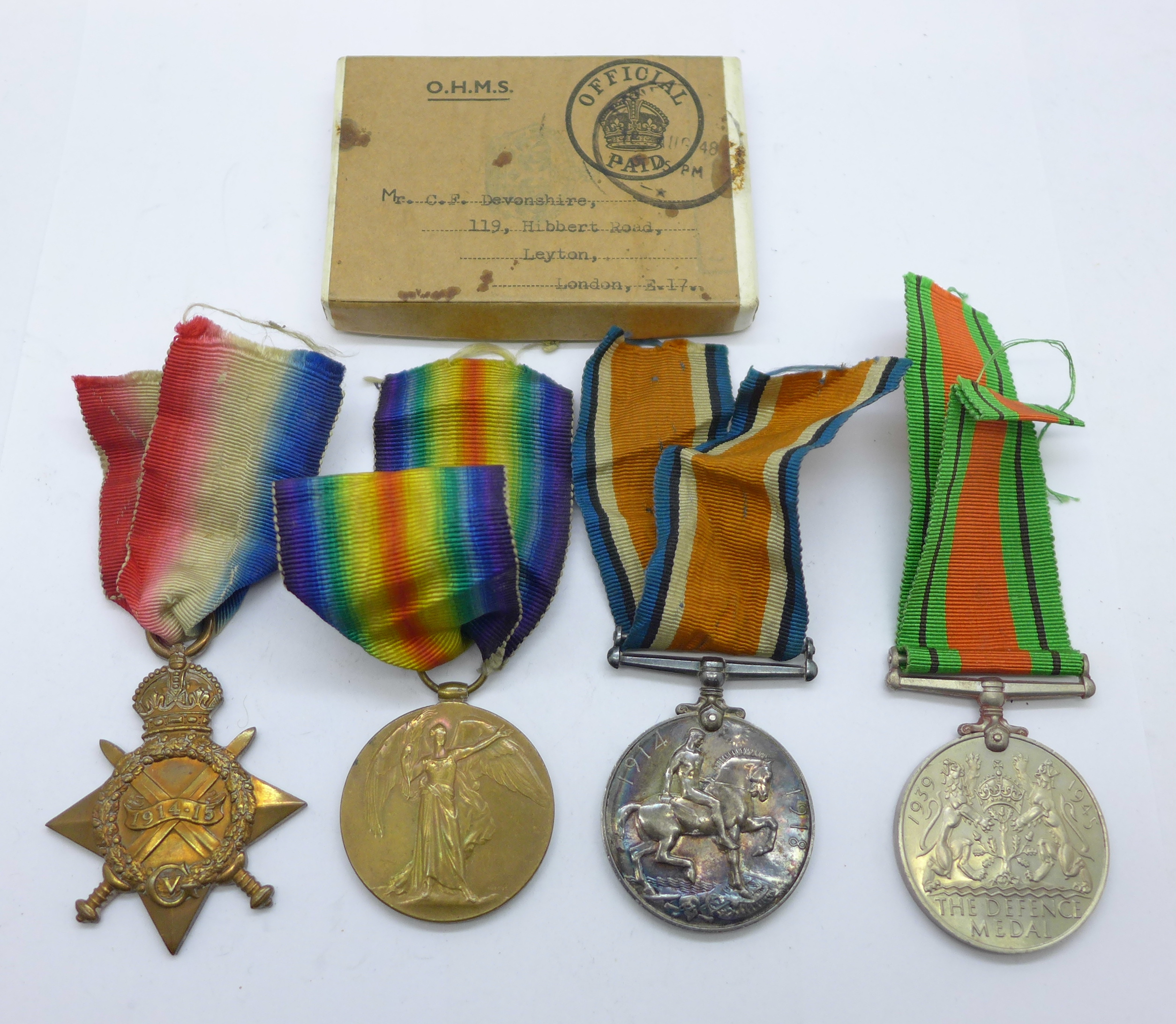 A trio of WWI medals to 20415 Pte. C.F. Devonshire Leicestershire Regiment, the Victory Medal