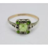 A 9ct gold and silver, green and white stone cluster ring, P