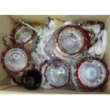 A box of assorted cranberry glass including vase, sweetmeat dishes and stands, etc.