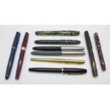 Four pens with 14ct gold nibs; Conway Stewart 15, Blackbird self-filler, Wearever in green marble