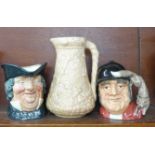 Two Royal Doulton large character jugs, Gone Away and Parson Brown, and a relief moulded Art Deco