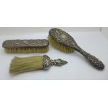 Two silver backed brushes and a silver mounted brush, clothes brush a/f