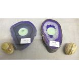 Two mineral sample candle holders and two onyx eggs