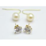 A yellow metal and cultured pearl earrings and a pair of 9ct gold studs