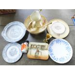 A Crown Devon salad bowl with servers, a 'Tongue Dish' and a jug, a footed bowl and a plate marked