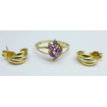 A pair of 9ct gold earrings and a 9ct gold ring, 3.2g, ring size O