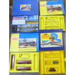 Four Hornby Dublo electric train set boxes, set 2016, 2009, EDG16 and EDP1, two with some contents