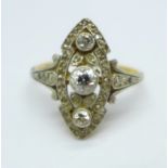 A yellow and white metal set, Art Deco diamond ring, set with brilliant and old cut diamonds, the