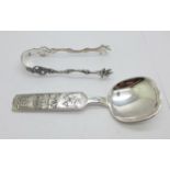 A pair of Norwegian silver sugar bows, boxed, and a plated spoon