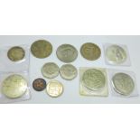 Two 1 ounce fine silver coins, Australia 1995 and Canada 2013, a 1951 crown and other coins, (