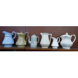 Five 19th Century jugs including a Leeds Don Pottery relief moulded jug and cover, cira 1820-30, a