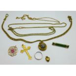 A 9ct gold and jade brooch, three neck chains, two rings and four pendants, (brooch lacking pin)