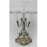 A large epergne with Walker & Hall silver plated stand and four etched glass trumpets, one trumpet