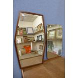 A mahogany diamond shaped mirror and a bevel edge mirror